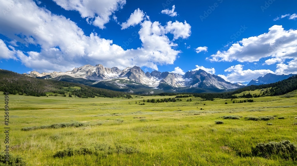 Obraz premium Stunning panoramic landscape showcasing majestic mountains under a bright blue sky with fluffy clouds : Generative AI