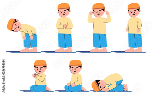 Salat pose movement salah prayer instruction muslim boy male kid praying Islam obligation moslem person faith belief sujud standing sitting position set collection colorful