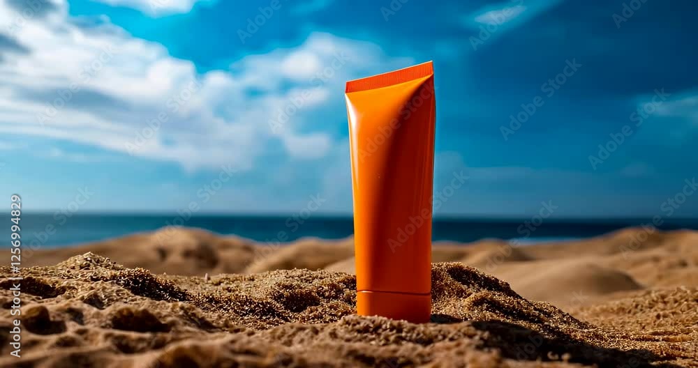 Sunscreen Tube Standing on Hot Sand Sunscreen Tube Standing on Hot Sand
