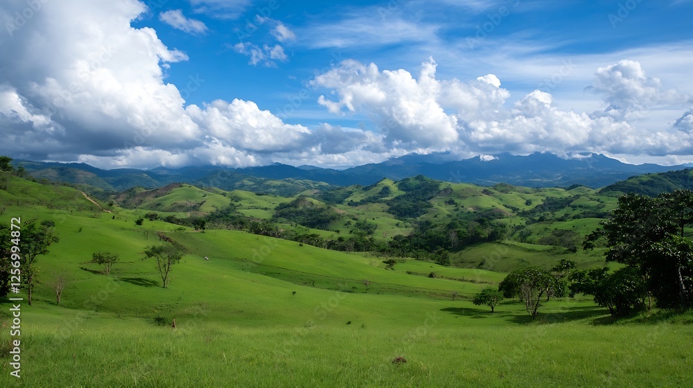 Lush green hills and mountains under bright blue sky filled with white fluffy clouds : Generative AI Lush green hills and mountains under bright blue sky filled with white fluffy clouds : Generative AI