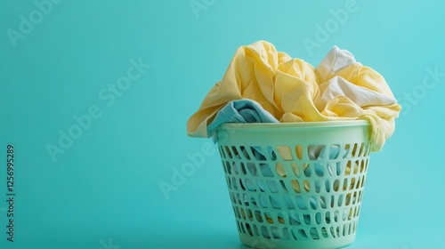 Laundry basket with clothes, teal background, home scene, everyday life, useful for articles about laundry or organization