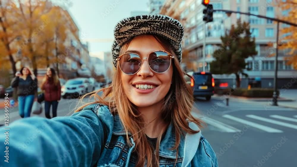 Smiling Girl Taking a Selfie in the City During Autumn Smiling Girl Taking a Selfie in the City During Autumn