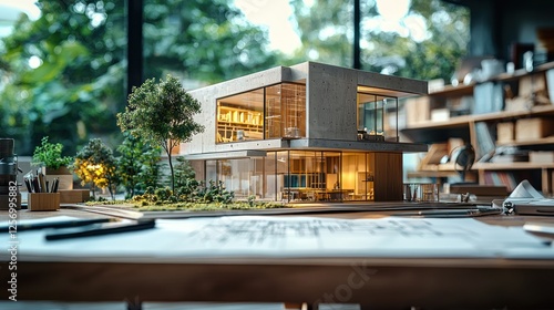 Modern Architectural House Model Showcase on Architect s Desk with Landscape Design photo