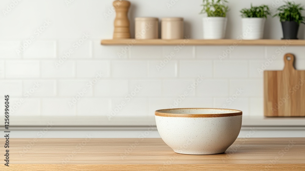 A simple elegant bowl sits on a wooden countertop, with a minimalist kitchen shelf in the background featuring small potted plants and wooden utensils. A simple elegant bowl sits on a wooden countertop, with a minimalist kitchen shelf in the background featuring small potted plants and wooden utensils.