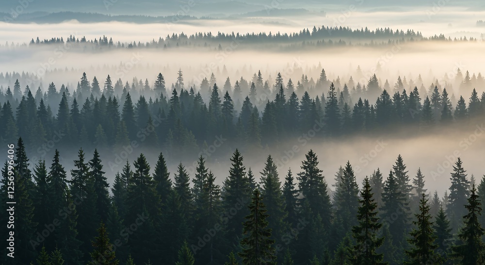 Obraz premium Misty Mountain Forest Sunrise: Serene Landscape Photography