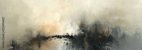 Abstract Painting In Neutral Tones With Black Smudges. Modern Art Evokes Depth And Emotion.