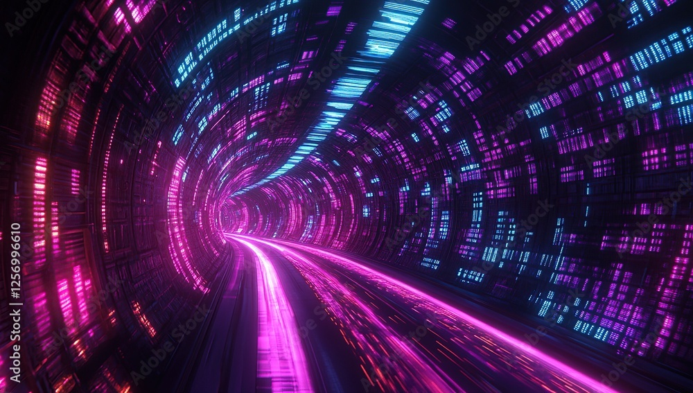 Neon Tunnel: Speeding Through a Futuristic Digital Highway, Glowing with Vibrant Pink and Blue Lights, Abstract Data Streams in Motion Neon Tunnel: Speeding Through a Futuristic Digital Highway, Glowing with Vibrant Pink and Blue Lights, Abstract Data Streams in Motion