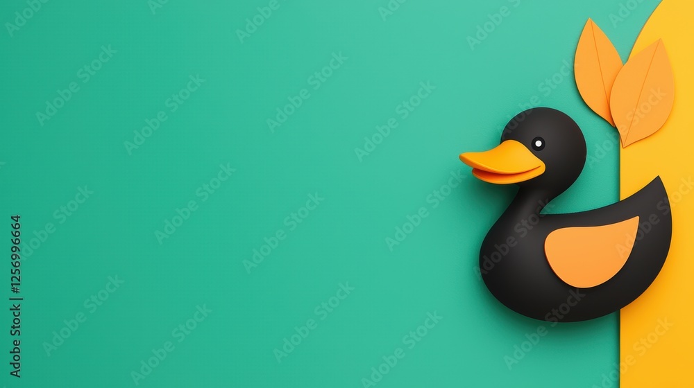 Fototapeta premium A playful black duck made from paper with vibrant orange accents, set against a bright green background, creating a cheerful and artistic vibe.