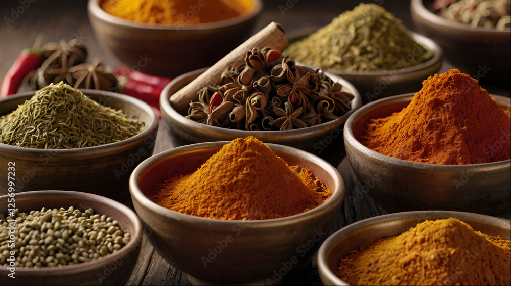 Indian Spices in Small Bowls Color on a kitchen table Vibrant Spice Market Display with Colorful Assortment in spices showcased,
Indian Spices in Small Bowls Color on a kitchen table Vibrant Spice Market Display with Colorful Assortment in spices showcased,