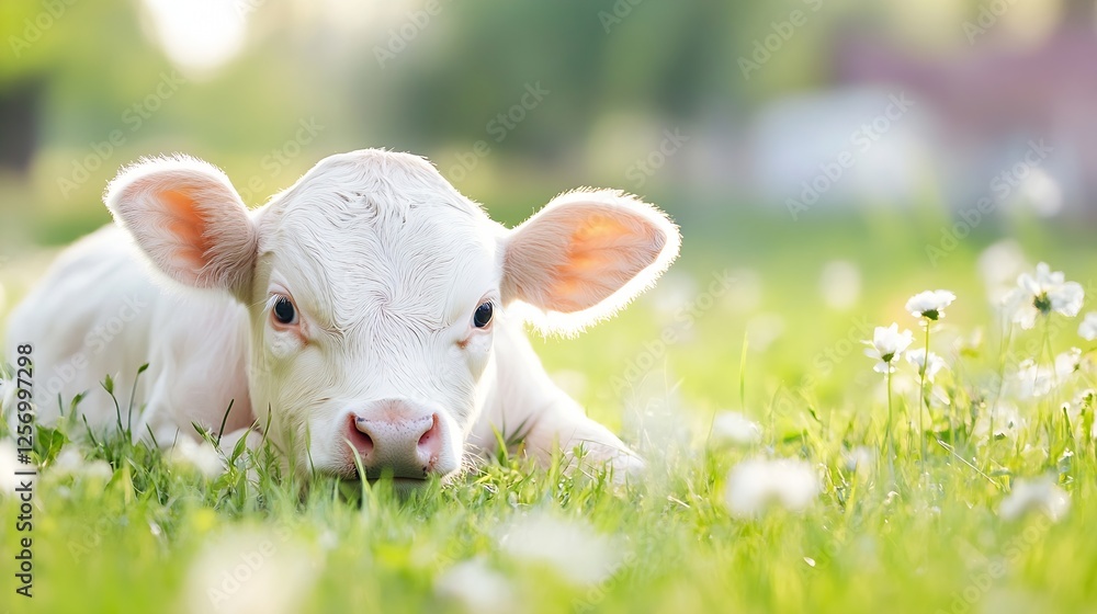 Obraz premium Adorable calf resting on lush green grass surrounded by beautiful wildflowers on a sunny day : Generative AI