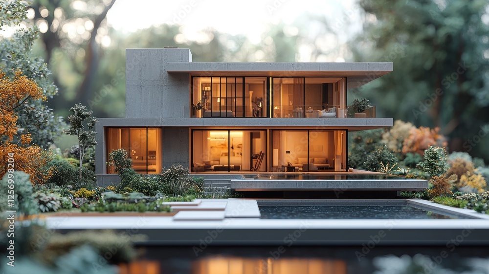 Modern Luxury Home Design Architectural Model with Pool and Landscaping at Dusk Modern Luxury Home Design Architectural Model with Pool and Landscaping at Dusk