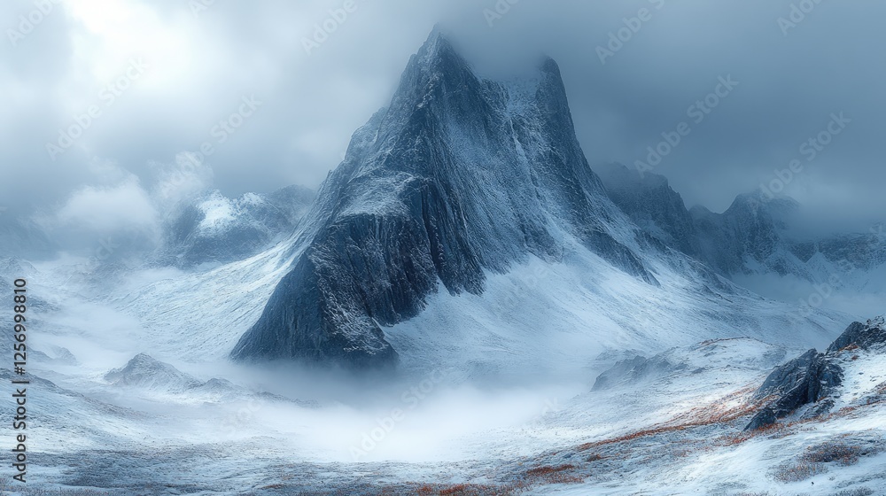 Fototapeta premium Majestic snow-covered mountain peak surrounded by fog and clouds in a serene winter landscape