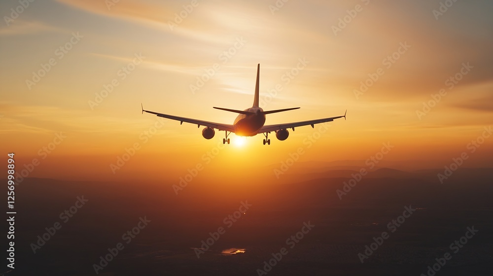 Airplane flying through a breathtaking sunset sky creating a captivating aviation experience : Generative AI Airplane flying through a breathtaking sunset sky creating a captivating aviation experience : Generative AI