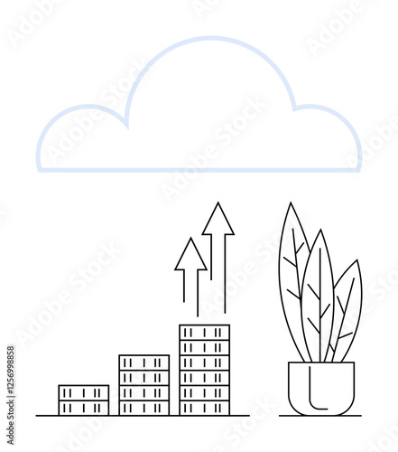 Cloud above a growing bar chart with arrows symbolizing progress. Potted plant adds eco-friendly focus. Ideal for business growth, sustainability, data storage, cloud computing, success, analytics