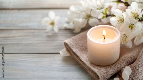 Serene candle glowing with soft light surrounded by delicate cherry blossoms on wooden surface : Generative AI