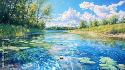 Serene Summer River Landscape with Dragonflies