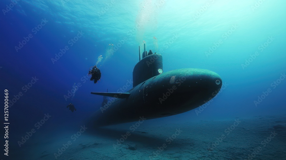 Fototapeta premium Underwater Exploration: Divers and Submarine in the Deep Blue
