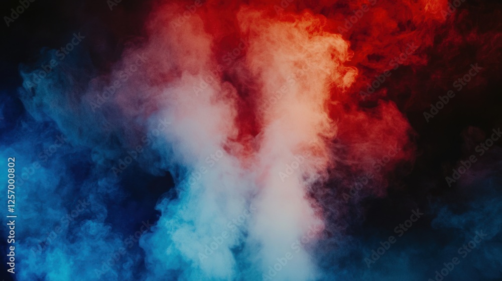 Fototapeta premium A mesmerizing light show with powerful red and blue lasers dancing through heavy smoke on stage.