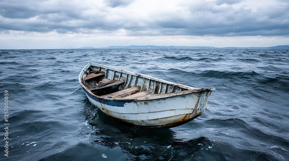 Old wooden boat drifting in turbulent waters with dramatic clouds creating a captivating scene : Generative AI Old wooden boat drifting in turbulent waters with dramatic clouds creating a captivating scene : Generative AI