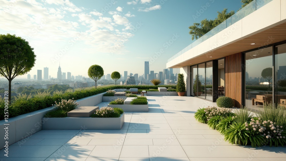 Naklejka premium Modern rooftop terrace with potted greenery, outdoor dining area, and city skyline at sunset
