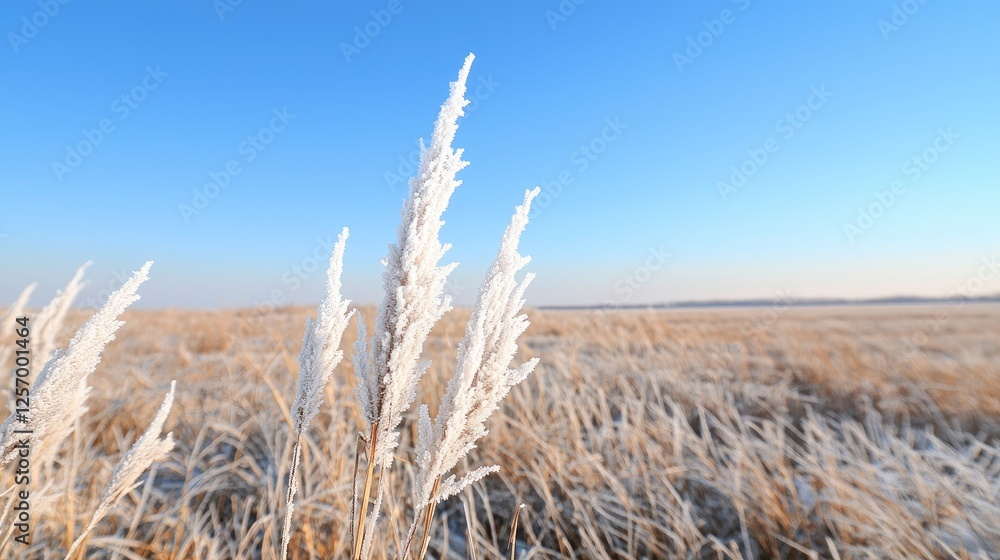 Obraz premium Frosted grass field under clear sky