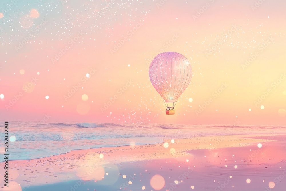 Obraz premium A whimsical illustration of a hot air balloon floating over the beach, with pastel colors and sparkling lights. The background is a soft sky at sunset, creating a dreamy atmosphere.
