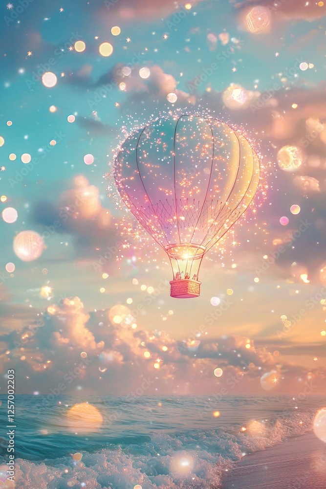 Obraz premium A whimsical illustration of a hot air balloon floating over the beach, with pastel colors and sparkling lights. The background is a soft sky at sunset, creating a dreamy atmosphere.