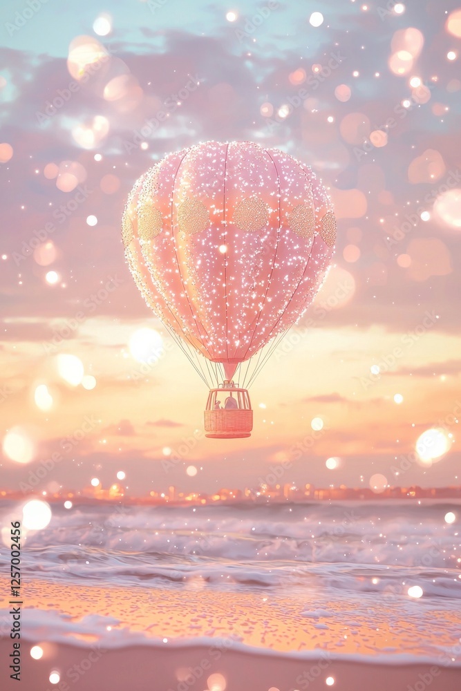 Fototapeta premium A whimsical illustration of a hot air balloon floating over the beach, with pastel colors and sparkling lights. The background is a soft sky at sunset, creating a dreamy atmosphere.