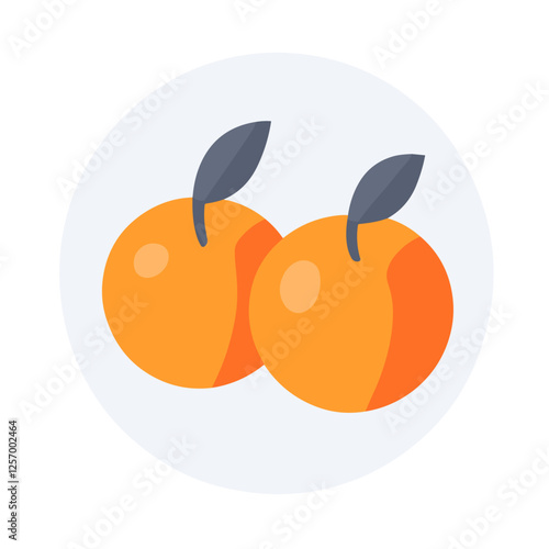 Flat design illustration of two fresh oranges with leaves.