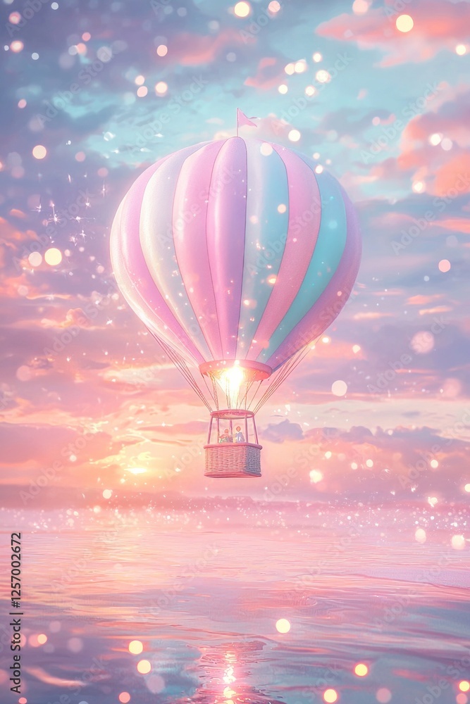 Fototapeta premium A whimsical illustration of a hot air balloon floating over the beach, with pastel colors and sparkling lights. The background is a soft sky at sunset, creating a dreamy atmosphere.