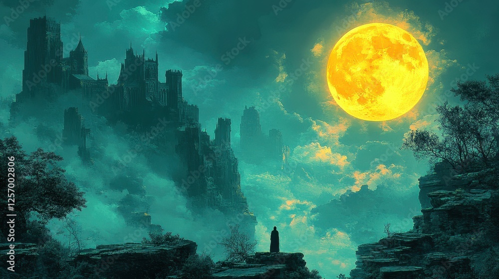 Fototapeta premium Lonely figure gazing at moonlit castle, misty landscape, fantasy art, game design