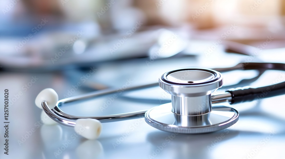 CloseUp of a Modern Stethoscope on a Table in a Medical Environment : Generative AI CloseUp of a Modern Stethoscope on a Table in a Medical Environment : Generative AI