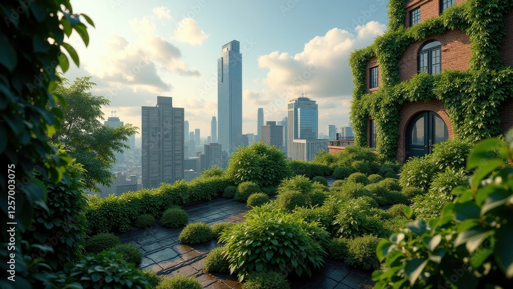 Fototapeta premium Urban rooftop garden with lush green walls, potted plants, and city skyline view 