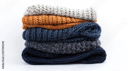 Stack of cozy knit sweaters, winter fashion, white background, ideal for online shops