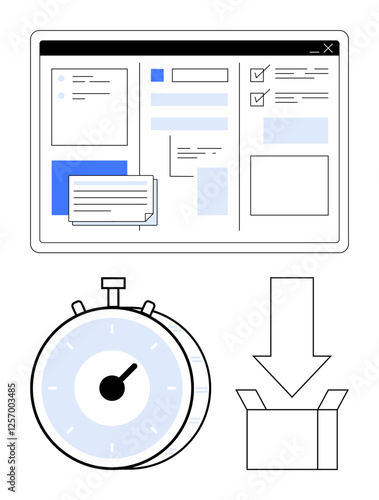 Interface with task lists, stopwatch for time tracking, and box download icon. Ideal for productivity, efficiency, task management, automation, time tracking, software platforms abstract line flat