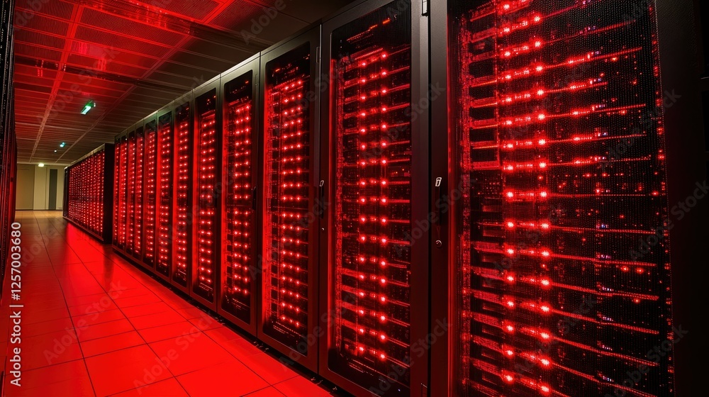 Red Lit Data Center Server Room Corridor Red Lit Data Center Server Room Corridor