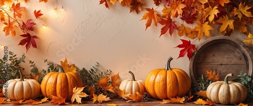 Autumn background with pumpkins and leaves for Thanksgiving day