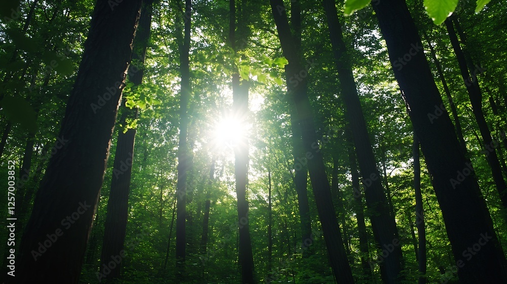 Obraz premium Sunlight streaming through tall trees in a lush green forest creating a serene atmosphere : Generative AI