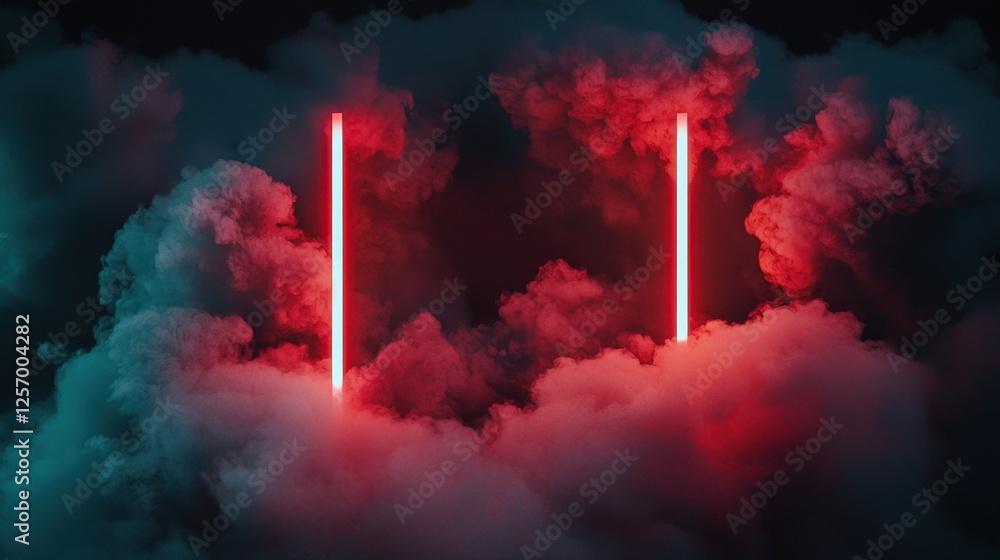 Obraz premium A neon-drenched concert scene with bold red and blue lasers piercing through thick clouds of smoke