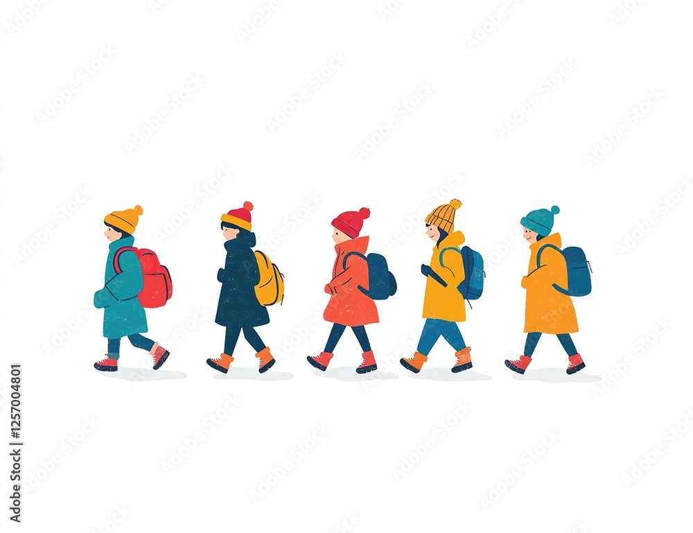 Fototapeta premium Children with Backpacks Walk to School in Winter, Wearing Warm Clothes and Hats, Joyfully Embracing the Cold Weather