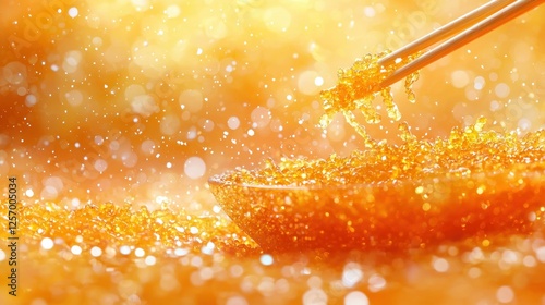 Golden food, chopsticks lifting, bowl, sparkling background photo