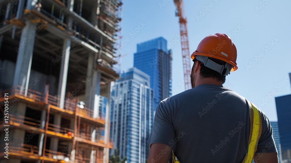 Construction Worker Overlooking Skyline During Building Project in Urban Environment : Generative AI Construction Worker Overlooking Skyline During Building Project in Urban Environment : Generative AI