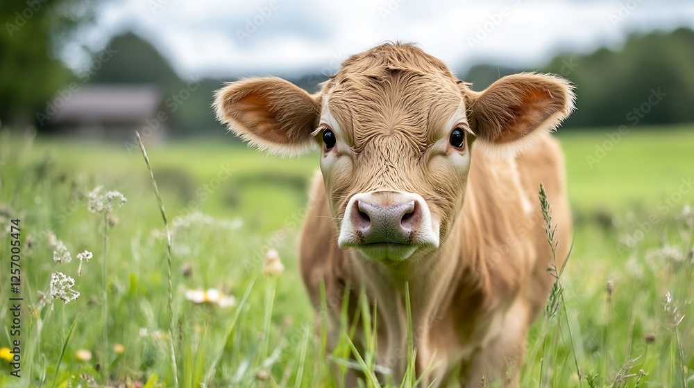 Curious young calf standing in a field surrounded by greenery and wildflowers showcasing farm life : Generative AI Curious young calf standing in a field surrounded by greenery and wildflowers showcasing farm life : Generative AI