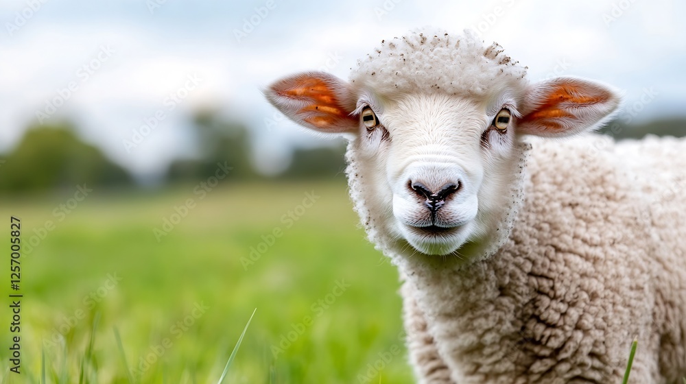 Obraz premium Adorable sheep standing in a lush green field with soft fluffy wool and curious expression : Generative AI
