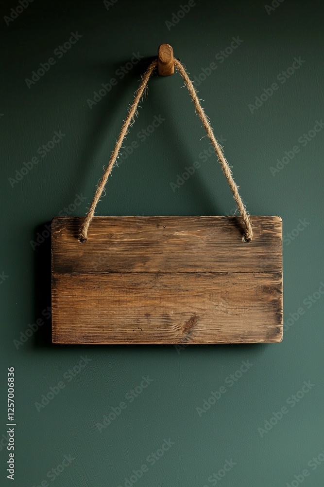 A wooden sign hanging on the wall, natural lighting, green background, rustic style, with a rope for a hanger. A wooden sign hanging on the wall, natural lighting, green background, rustic style, with a rope for a hanger.