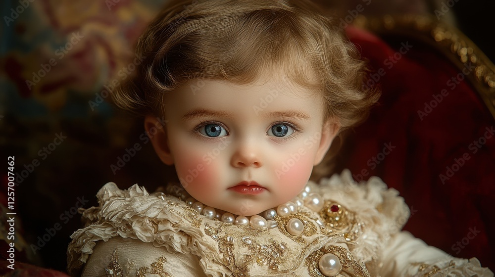 Baby girl in ornate dress, regal interior, portrait Baby girl in ornate dress, regal interior, portrait