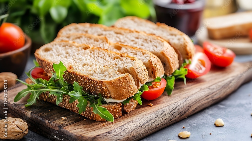 Freshly Sliced Whole Grain Sandwich with Tomato and Arugula for Healthy Lunch Option : Generative AI Freshly Sliced Whole Grain Sandwich with Tomato and Arugula for Healthy Lunch Option : Generative AI