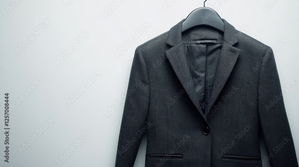 Gray Suit Jacket Hangs on a Hanger, Office Style Gray Suit Jacket Hangs on a Hanger, Office Style