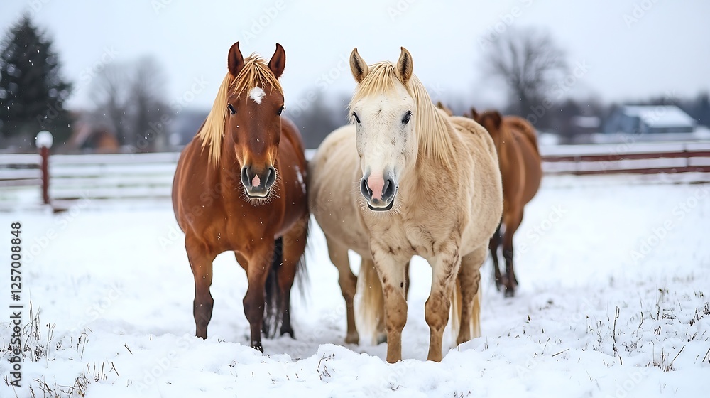 Two Beautiful Horses Standing in a Snowy Landscape Surrounded by Nature in Winter : Generative AI Two Beautiful Horses Standing in a Snowy Landscape Surrounded by Nature in Winter : Generative AI