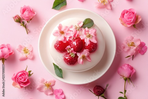 Wallpaper Mural Panna cotta dessert beautifully adorned with strawberries and pink flowers Torontodigital.ca